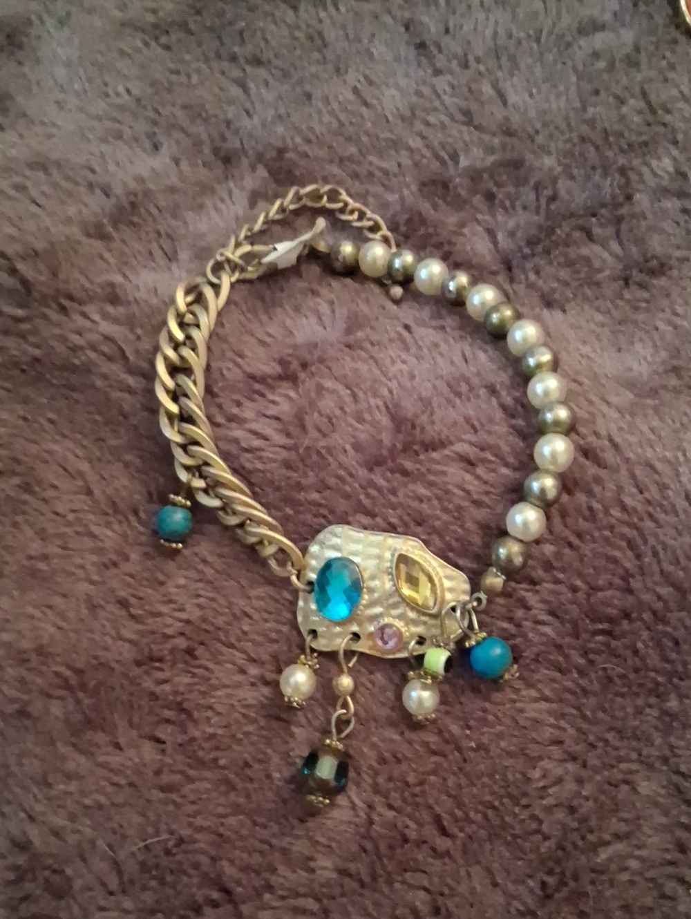 Gold-Tone Pearl and Turquoise Charm Bracelet